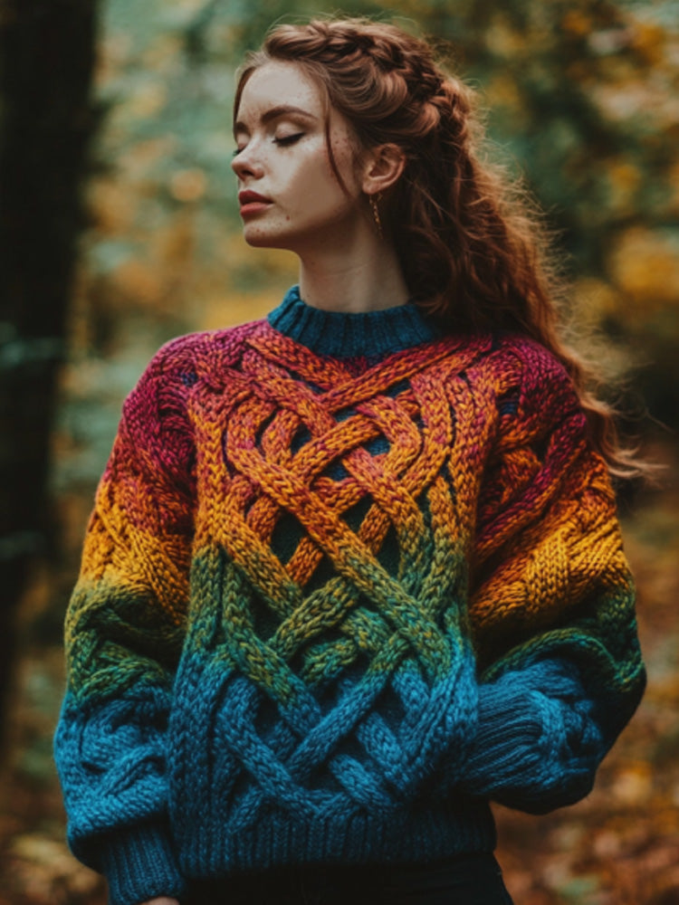 Women's Irish Rainbow Pattern Jacquard Pocket Cozy Sweater artswardrobe