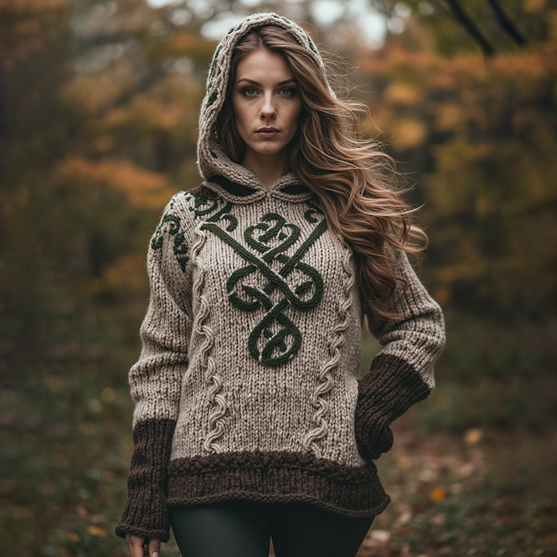 Women's Celtic Knot Thick Rope Braid Hooded Sweater elevenforest