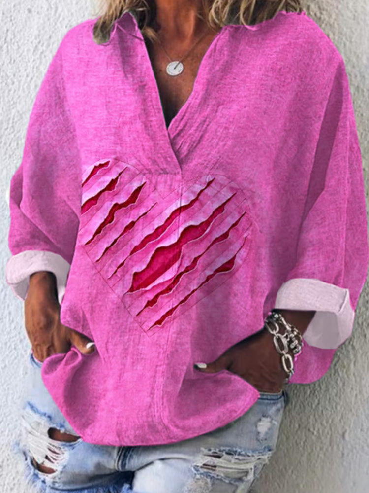 Comstylish Women's Valentine's Day Heart Art Print Casual V-Neck Shirt