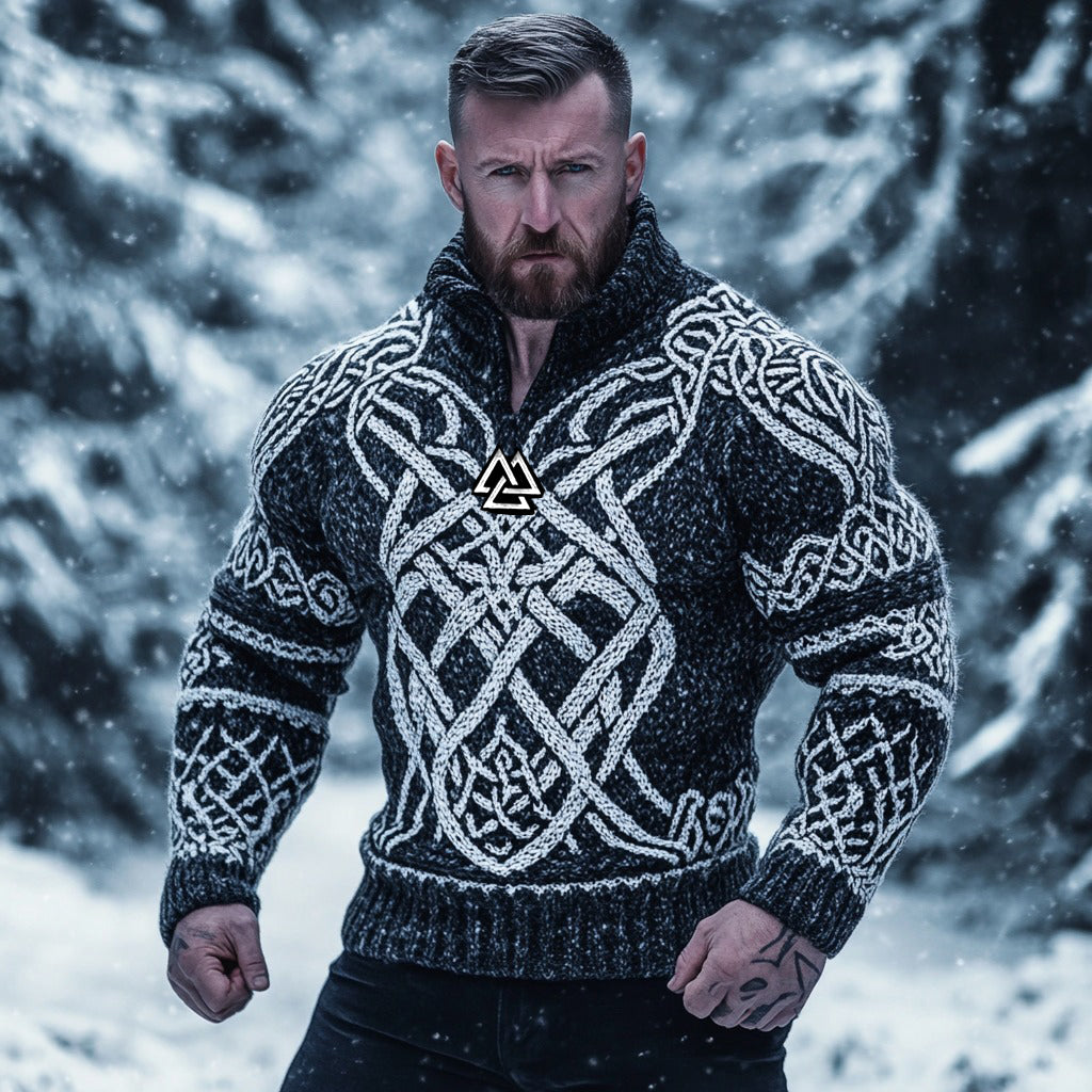 Men's Viking Vegvisir Runes Celtic Knot Half-zip Turtleneck Sweater artswardrobe
