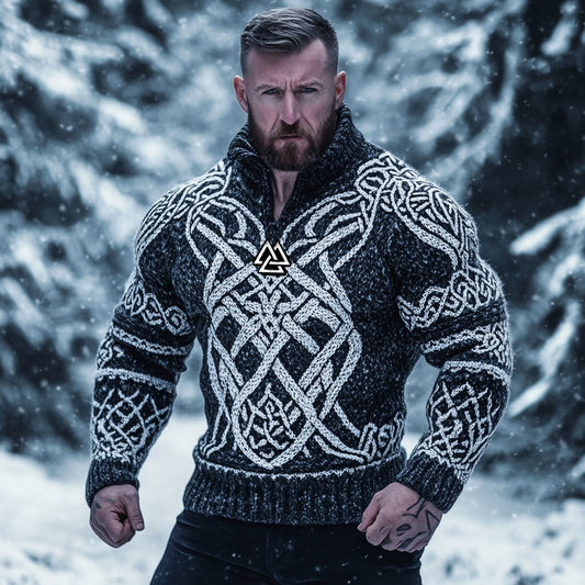 Men's Viking Vegvisir Runes Celtic Knot Half-zip Turtleneck Sweater artswardrobe