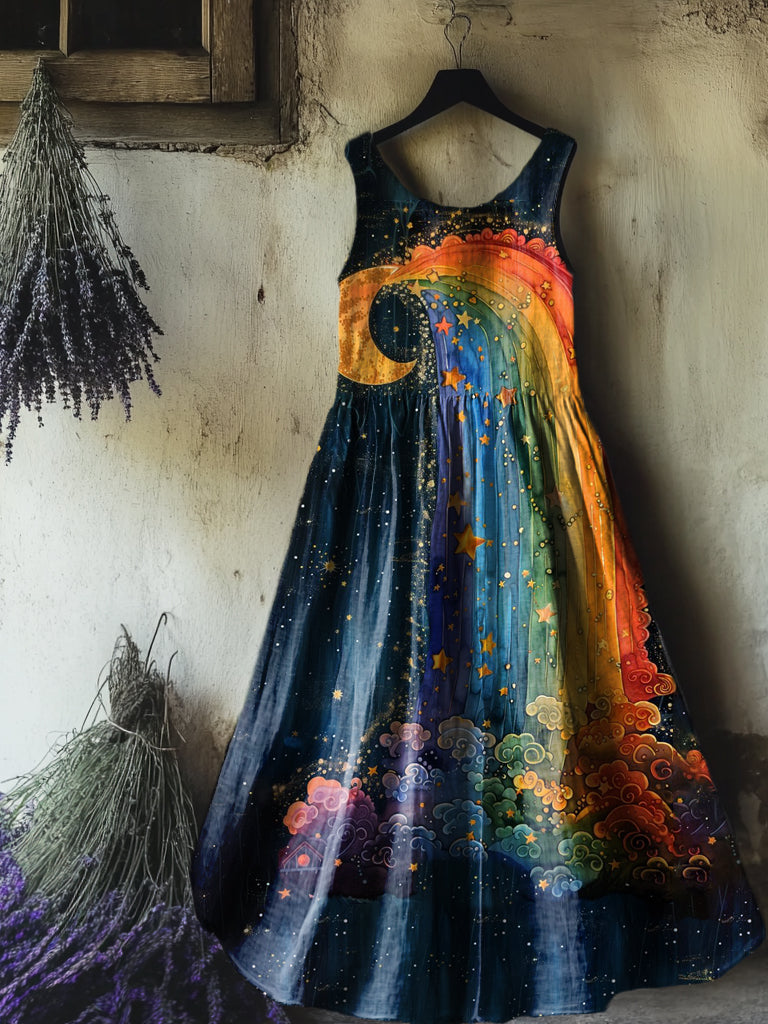 Women's Moon Rainbow Pattern Art Print Round Neck Sleeveless Cotton Po