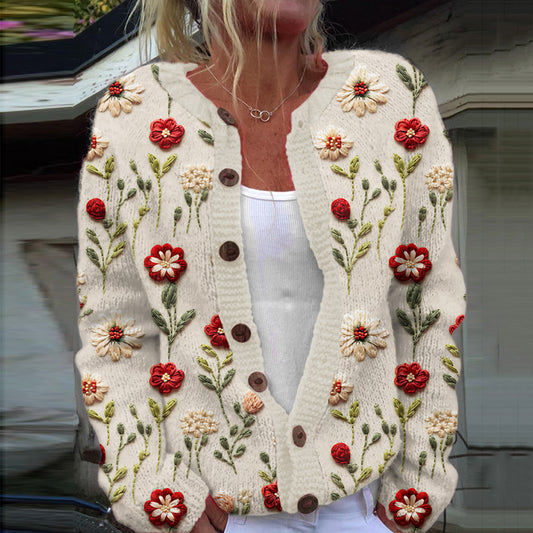 Floral Embroidery Pattern Buttoned Cardigan Sweater elevenforest
