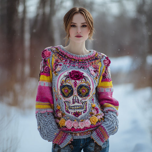 Women's Vintage Sugar Skull And Floral Knit Jacquard Crew Neck Sweater artswardrobe