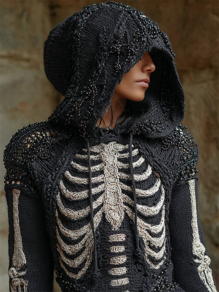 Vintage Gothic Skeleton Beaded Hooded Cozy Knit Sweater artswardrobe