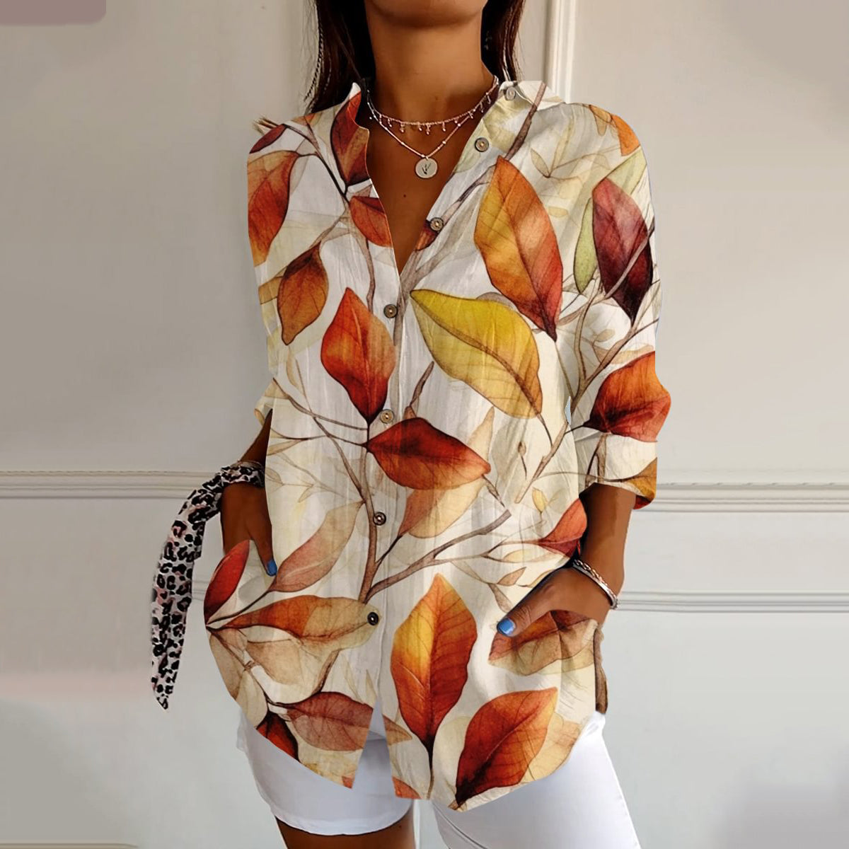 Autumn Leaf Print Long Sleeve Shirt artswardrobe