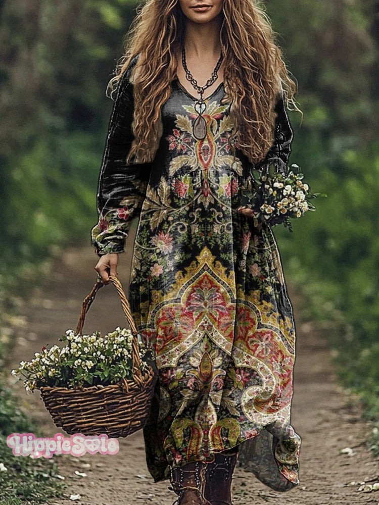 Women's Ethnic Floral Art Print V Neck Pocket Cotton Dress