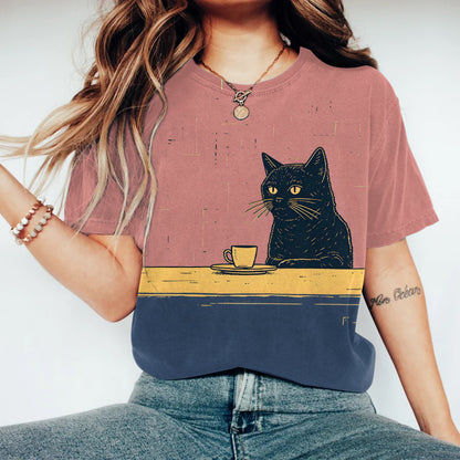 Japanese Art Black Cat Chilling Coffee Art Print Round Neck T-Shirt elevenforest