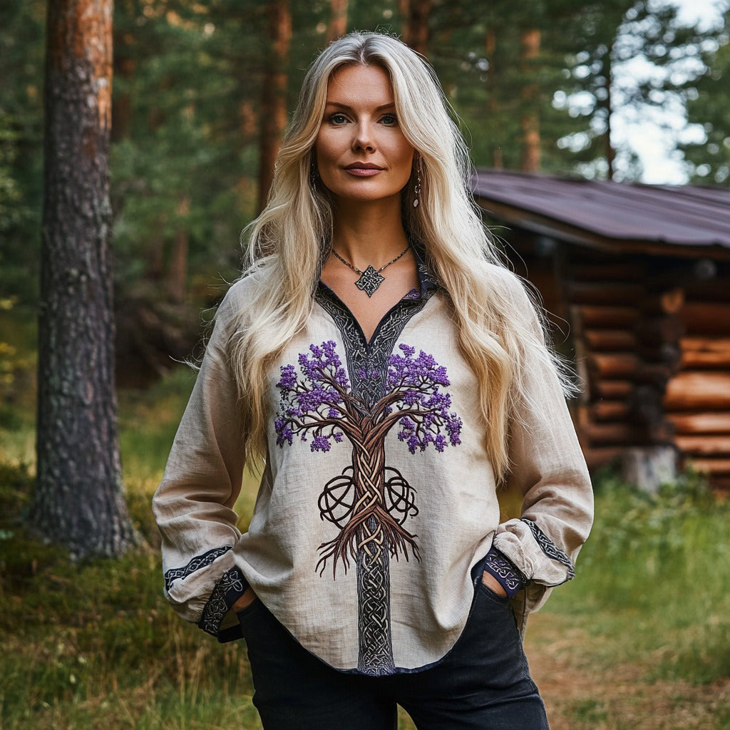 Comstylish Women's Viking Purple Blossom Tree Of Life Cotton And Linen Long Sleeve Lapel Shirt