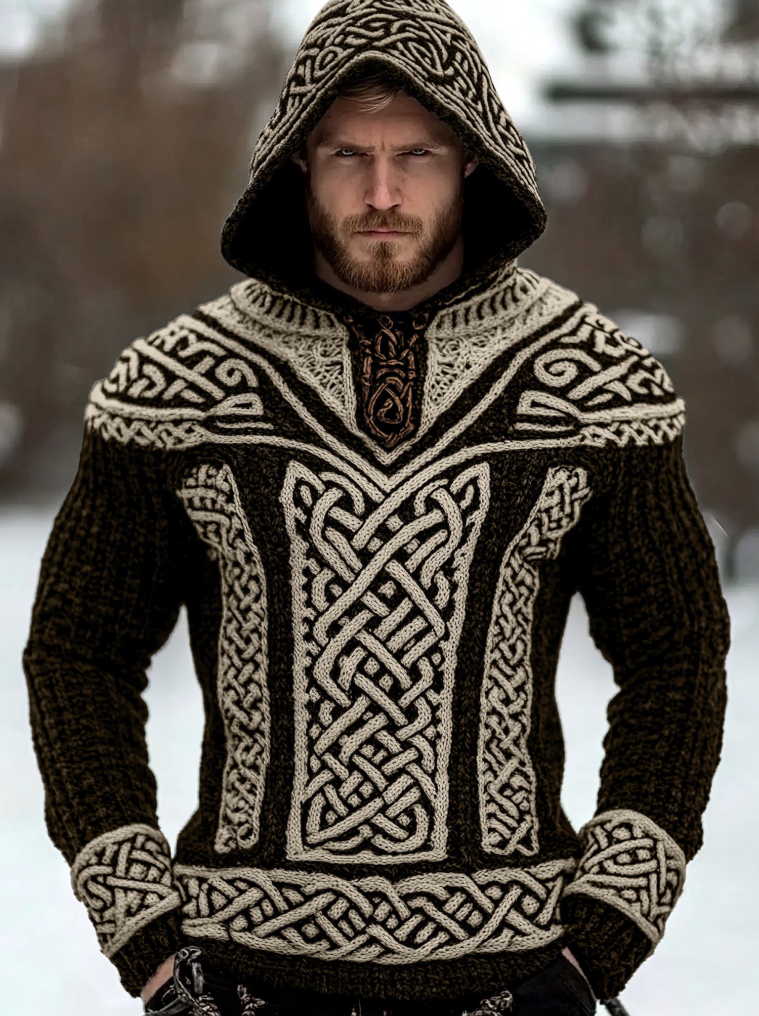 Men's Viking Tribal Jacquard Celtic Hooded Sweater elevenforest