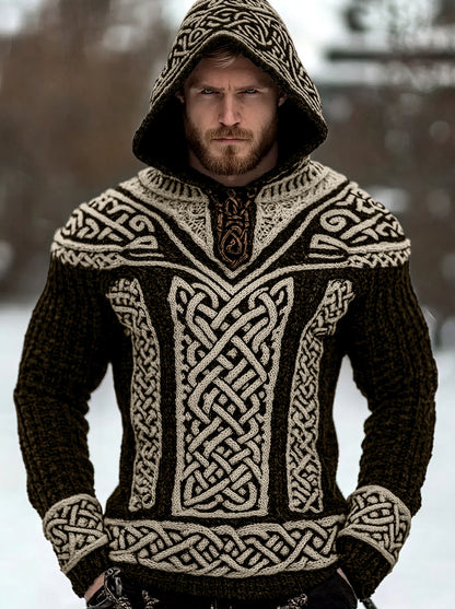 Men's Viking Tribal Jacquard Celtic Hooded Sweater elevenforest