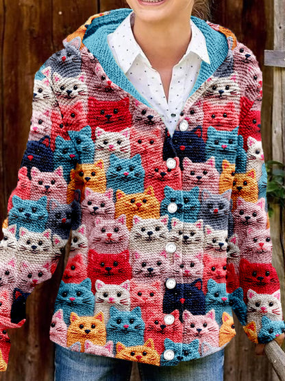 Colorful Cute Cats Embroidered Comfy Hooded Cardigan elevenforest