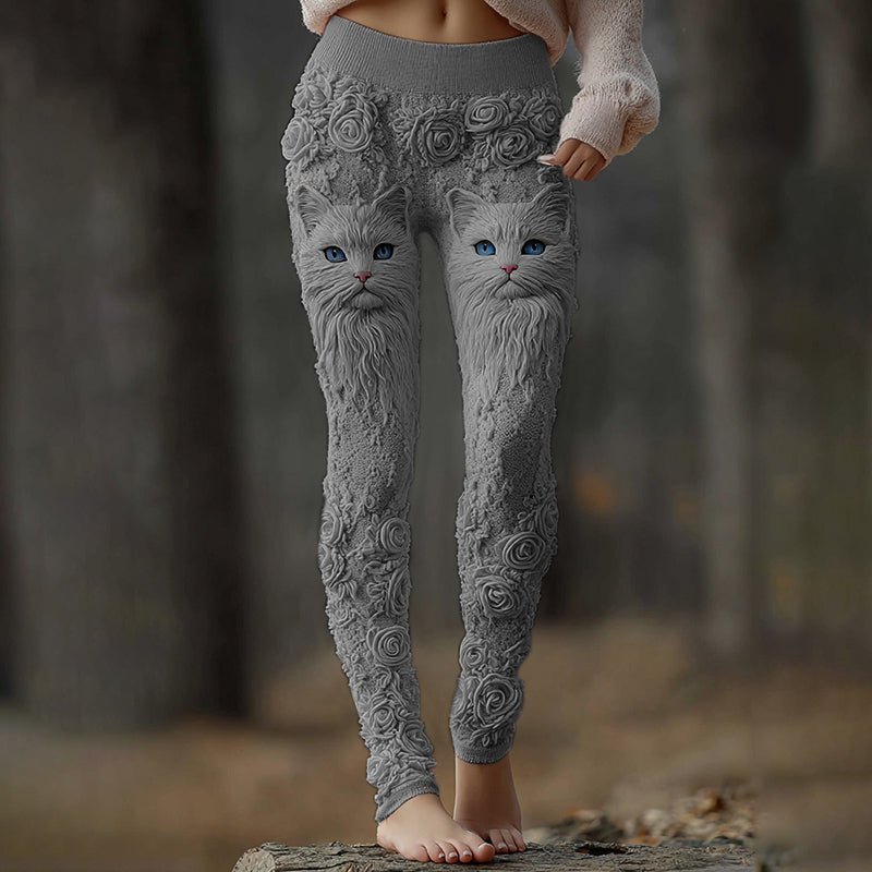 Comstylish Vintage Cute Cat Face With Roses Art Embroidered Cozy Knit Leggings