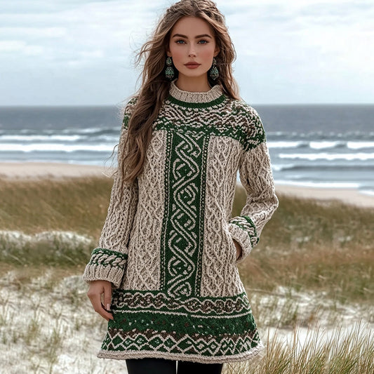 Women's Irish Celtic Knot Jacquard Contrast Pocket Sweater Dress elevenforest