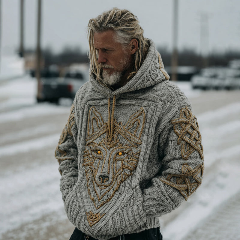 Men's Viking Wolf Art Knit Hooded Sweater artswardrobe