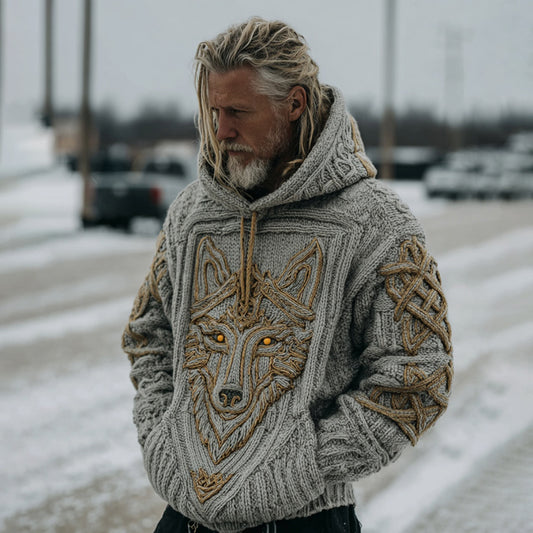 Men's Viking Wolf Art Knit Hooded Sweater artswardrobe