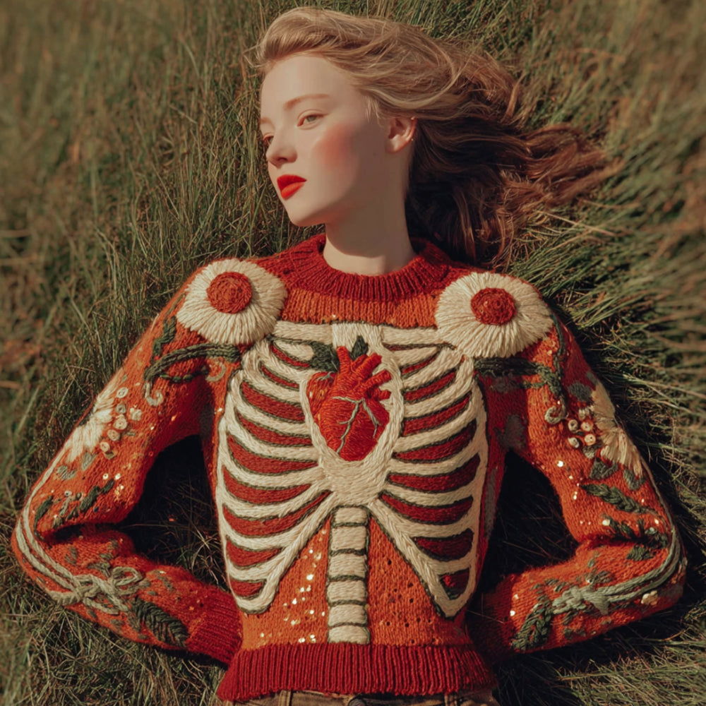 Women's Retro Halloween Anatomy And Floral Round Neck Sweater artswardrobe