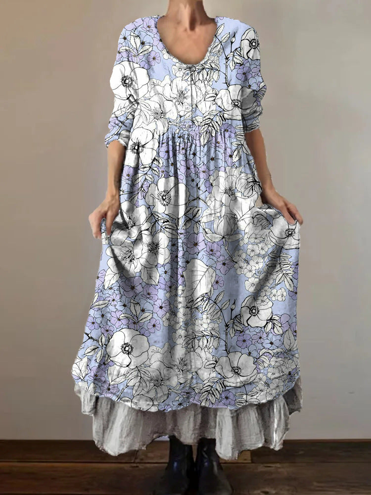 Women's Art Floral Hippie Vintage Print V Neck Dress