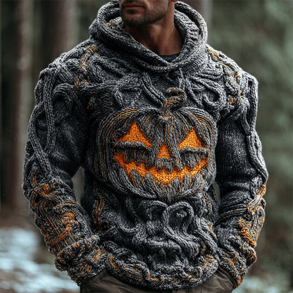 Halloween Pumpkin Emoji Men's Chunky Knit Hooded Sweater artswardrobe