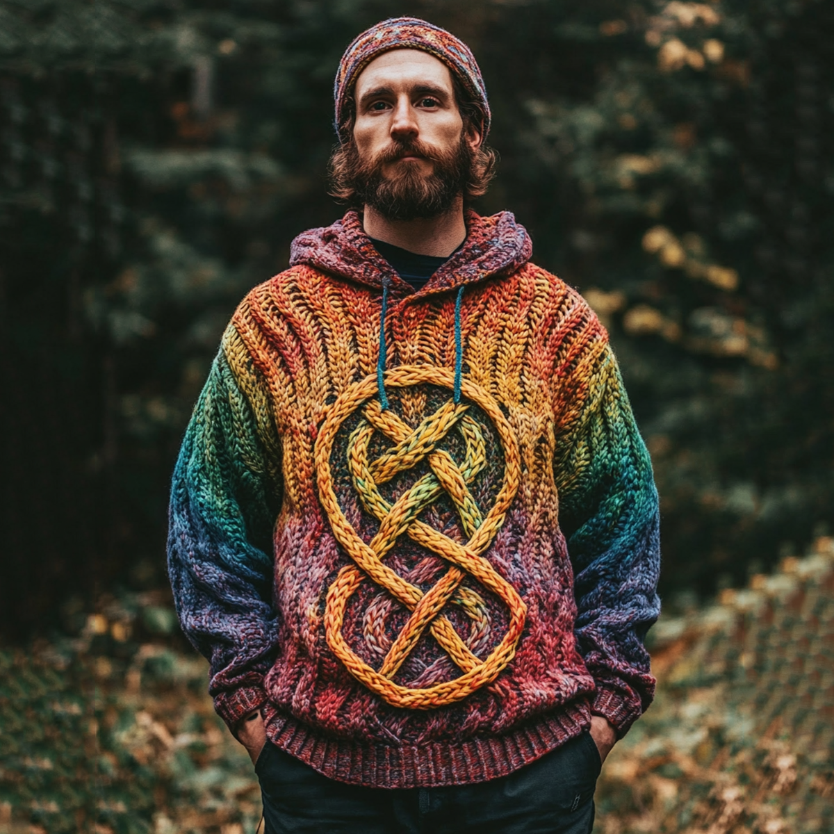 Men's Vintage Rainbow Irish Celtic Knot Jacquard Mottled Hooded Sweater elevenforest