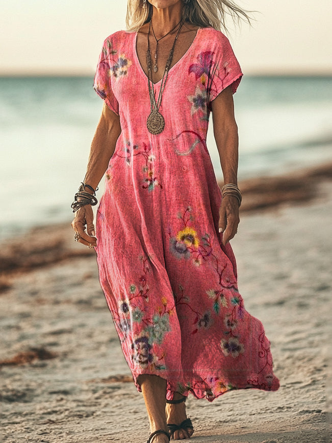 Women's Ethnic Floral Art Print Sleeveless V-Neck Pocket Cotton Dress