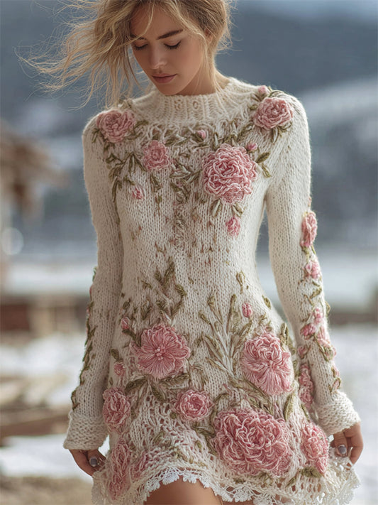Pink Floral Beaded Embroidered Cozy Knit Sweater Dress artswardrobe