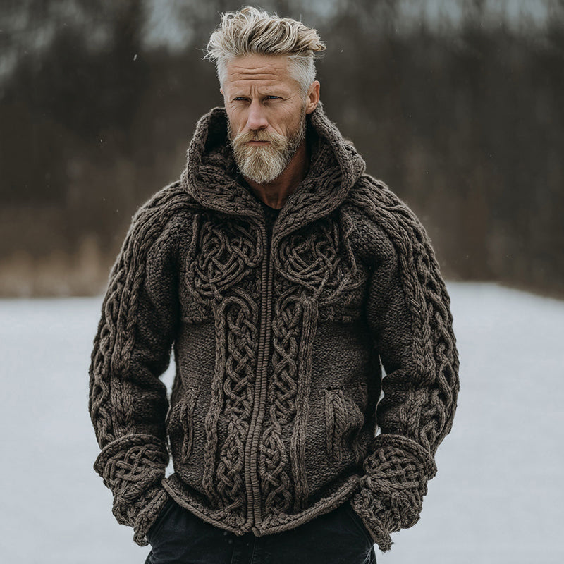 Men's Vintage Celtic Knot Jacquard Zipper Hooded Aran Sweater elevenforest