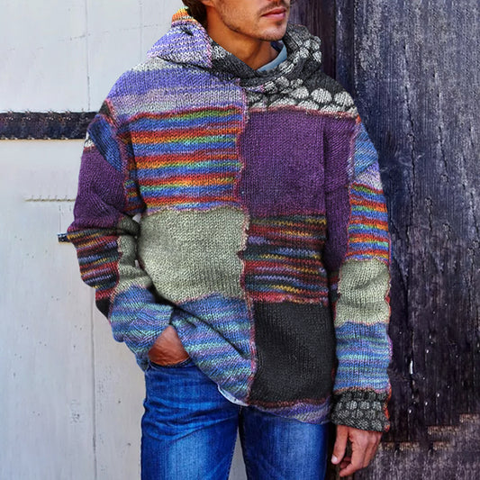 Men's Vintage Patchwork Rainbow Cozy Hooded Sweater elevenforest