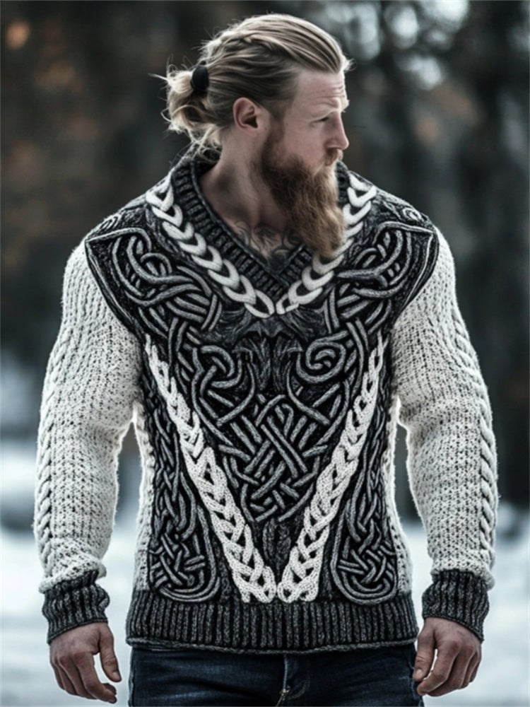 Men's Viking Wolf Inspired Celtic Chunky V Neck Sweater elevenforest