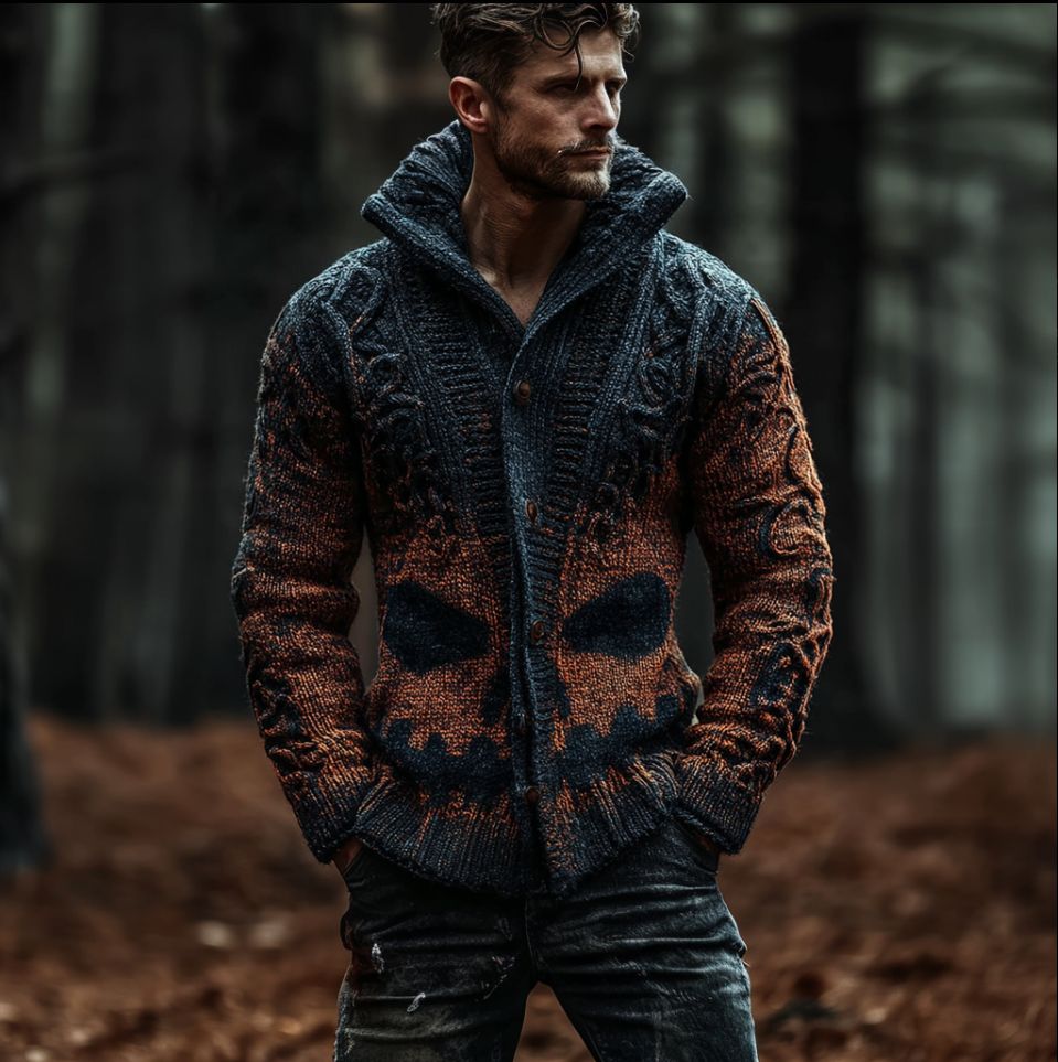 Halloween Ghost Face Pattern Men's Winter Warmth Knit Sweater Jacket artswardrobe