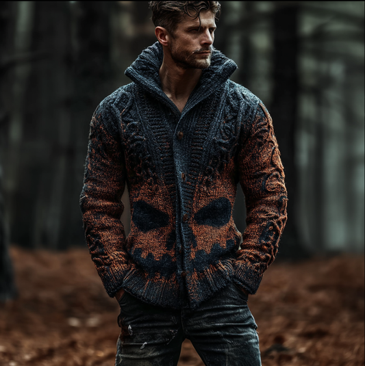 Halloween Ghost Face Pattern Men's Winter Warmth Knit Sweater Jacket artswardrobe