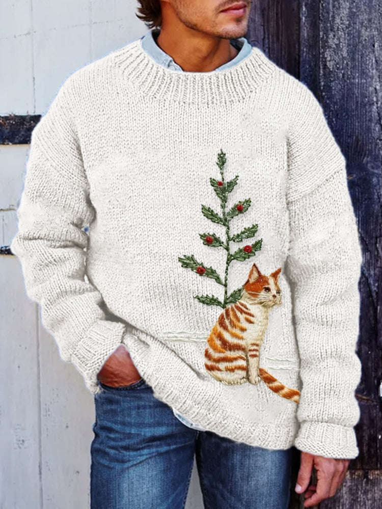 Christmas Tree Cat Embroidery Pattern Cozy Knit Sweater artswardrobe