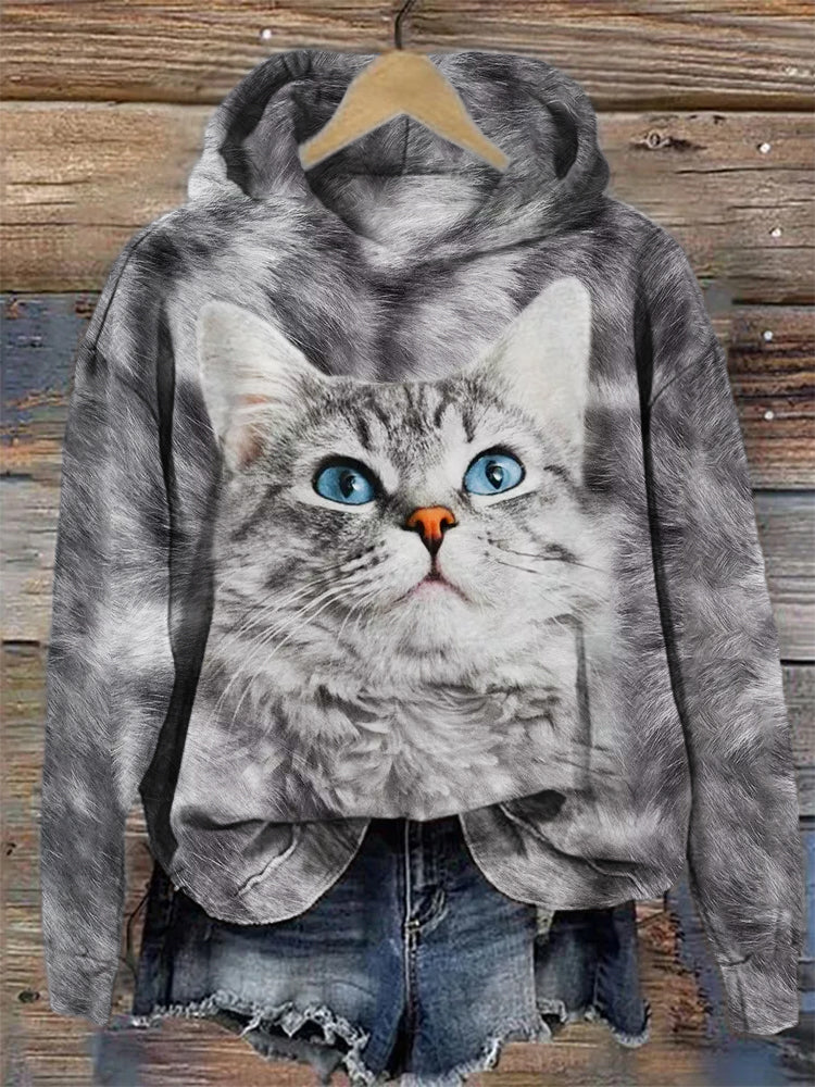 Comstylish Cute Gray Cat Print Women's Hooded Sweatshirt