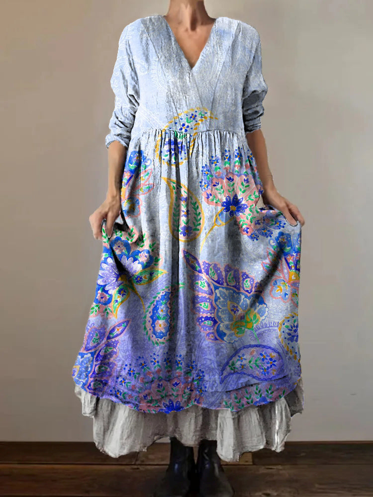 Women's Cashew Flower Trompe L'oeil Art Print V-Neck Pocket Cotton Dre