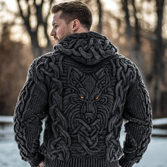 Men's Viking Inspired Celtic Wolf Knit Chunky Hooded Sweater artswardrobe