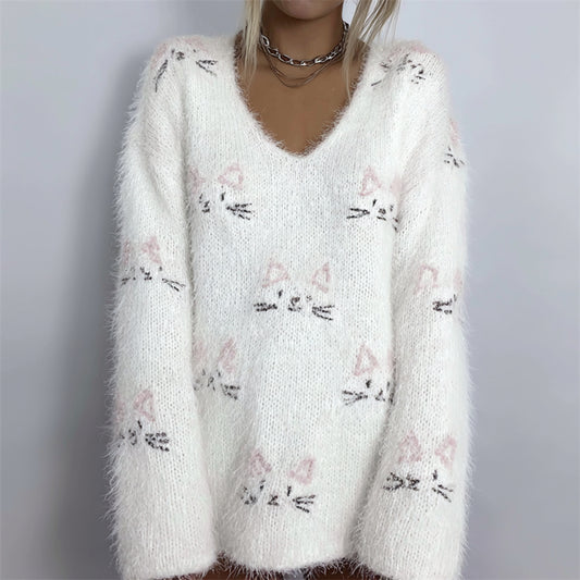 Lovely Cat Faces Embroidered Cozy Fuzzy Sweater artswardrobe