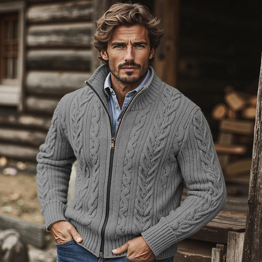 Men'S Burlap Pattern Stand Collar Zipper Sweater elevenforest