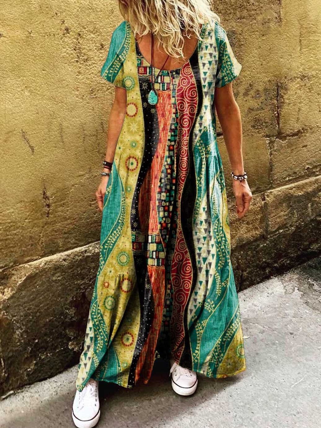 Women's Boho Vintage Floral Art Print Pocket Short Sleeve Cotton Dress