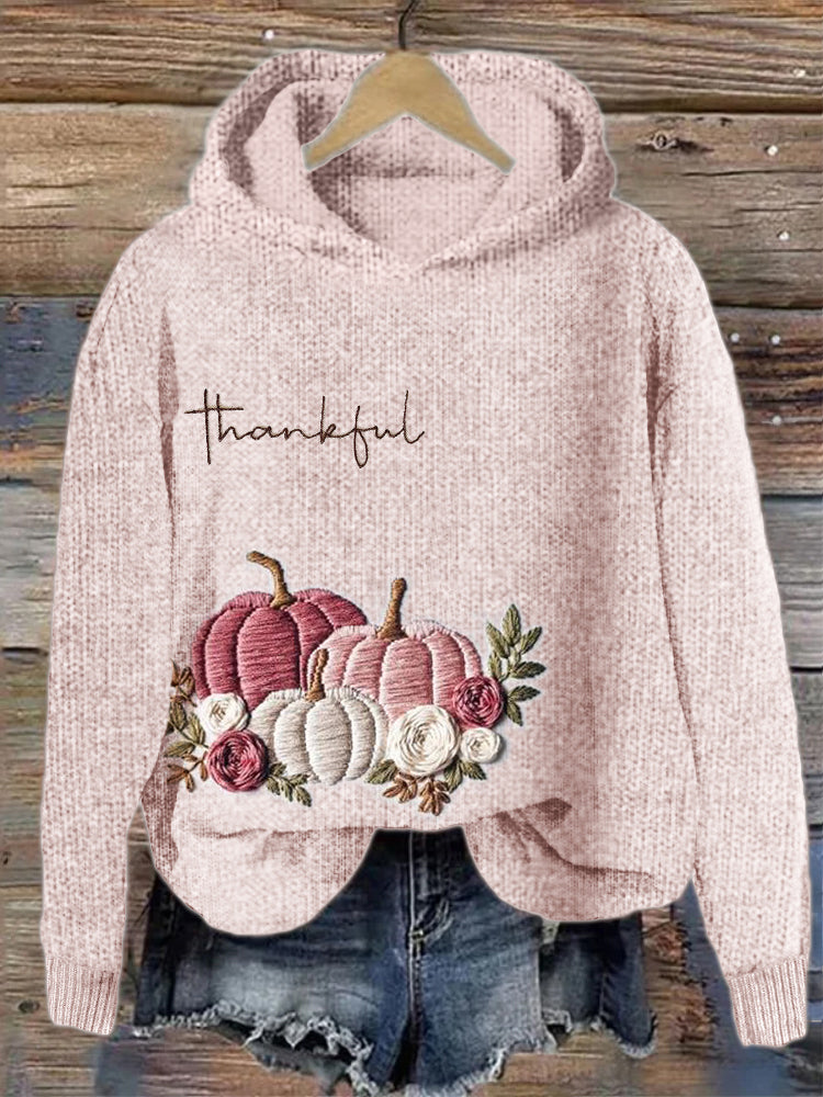 Thanksgiving Thankful Pink Pumpkins Floral Embroidered Cozy Hooded Sweater artswardrobe