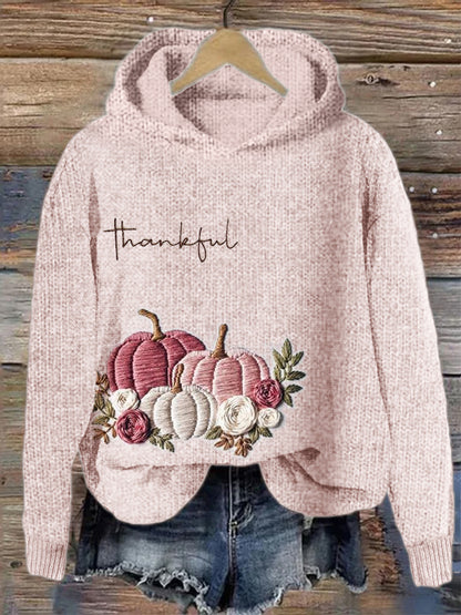 Thanksgiving Thankful Pink Pumpkins Floral Embroidered Cozy Hooded Sweater artswardrobe