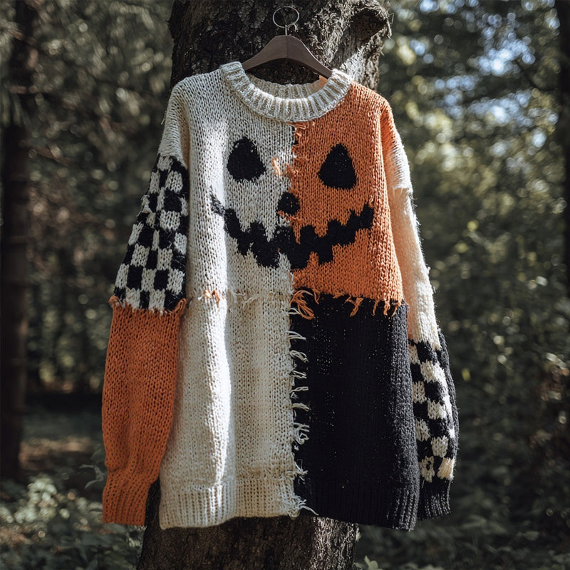 Halloween Pumpkin Face Patchwork Cozy Knit Sweater artswardrobe