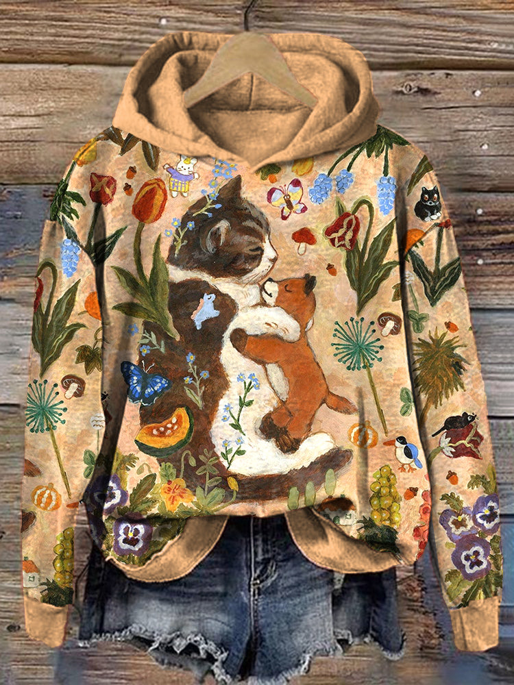 Vintage Oil Painting Art Cat Pattern Cozy Hoodie artswardrobe