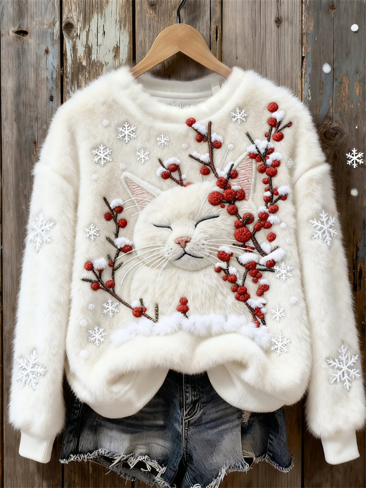 Comstylish Cat & Berry In The Snow Cozy Plush Sweatshirt