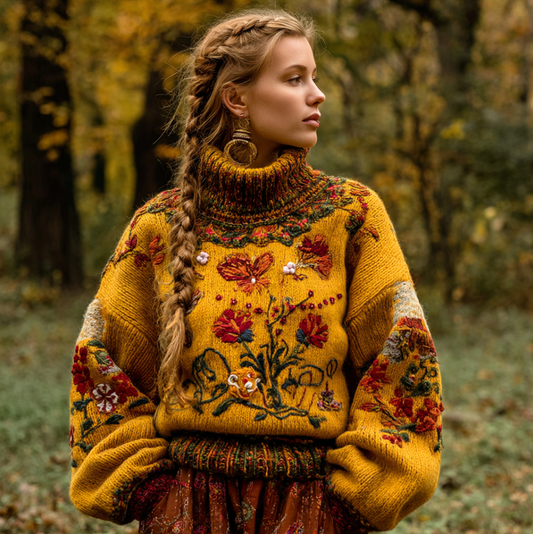Women's Autumn And Winter Meillard Style And Bohemian Style Plant Flower Embroidery High Neck Thick Sweater artswardrobe