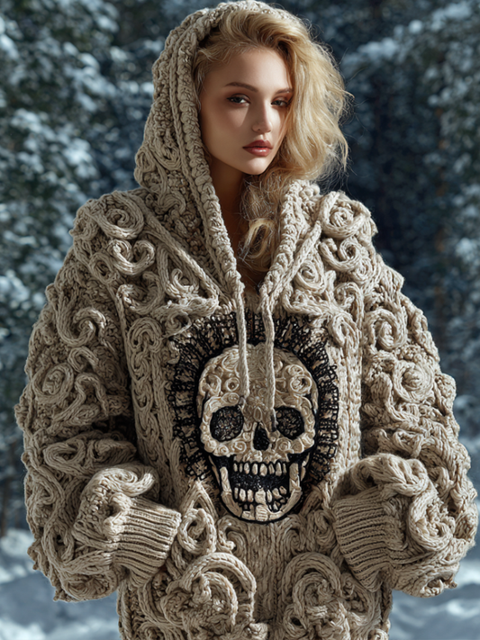 Halloween Skeleton Element Viking Style Women's Hooded Pullover Knit Sweater elevenforest