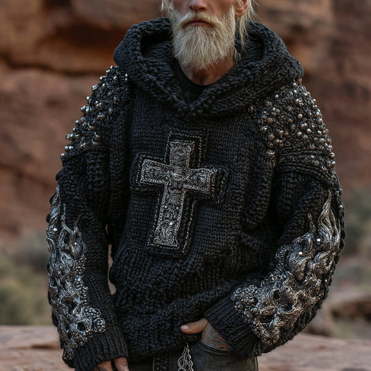 Men's Vintage Cross Design Heavy Metal Style Hooded Sweater elevenforest