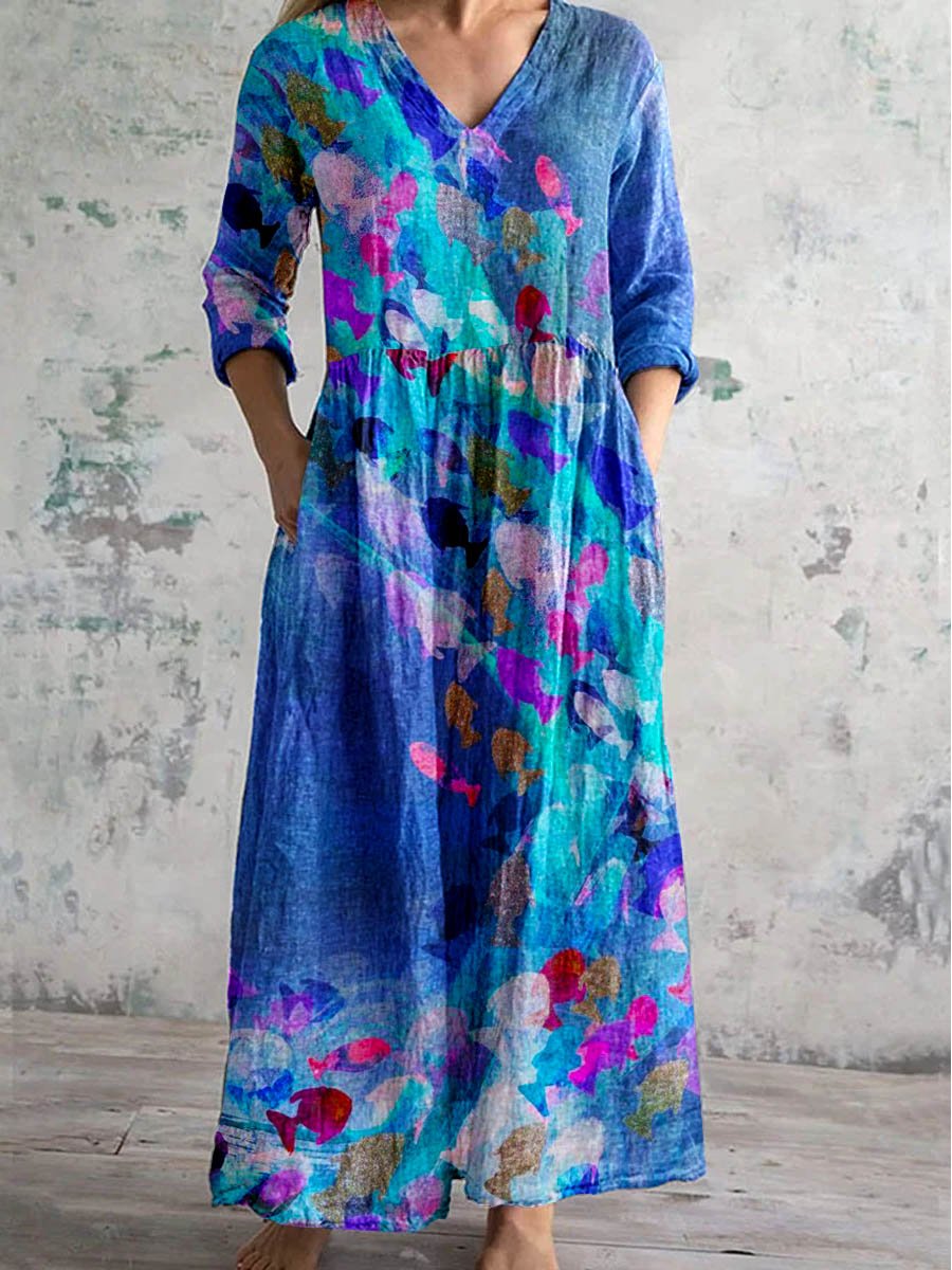 Women's Underwater World Pattern V-Neck Dress with Pockets
