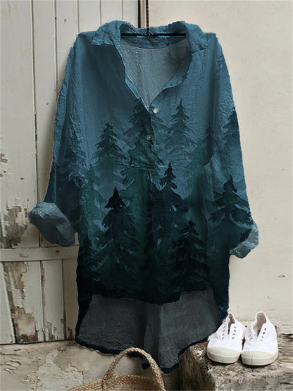 Comstylish Foggy Forest Watercolor Art Linen Blend High Low Tunic
