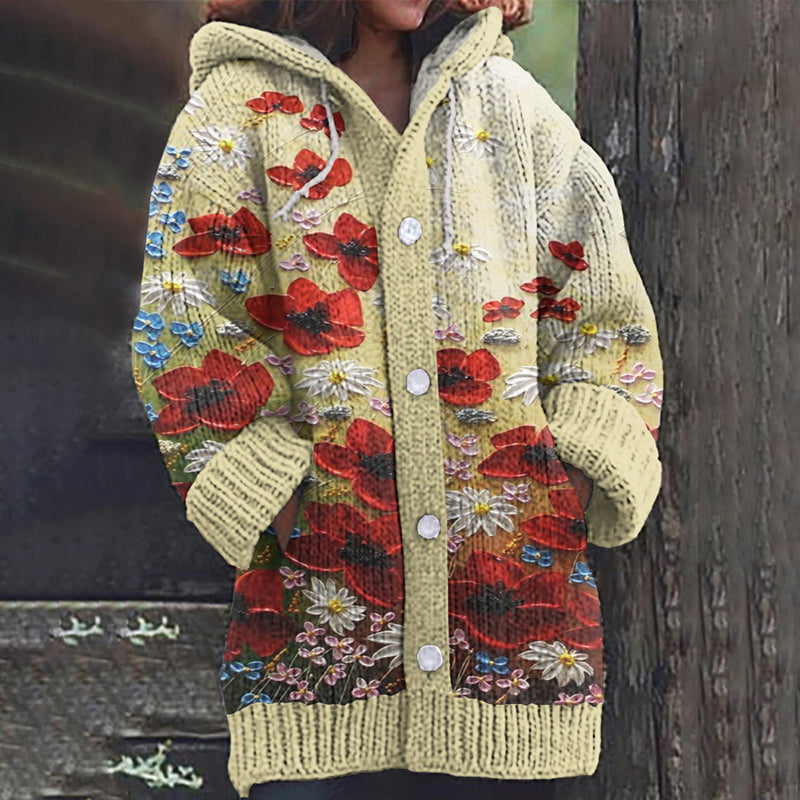 Floral Oil Painting Art Embroidery Cozy Hooded Cardigan artswardrobe
