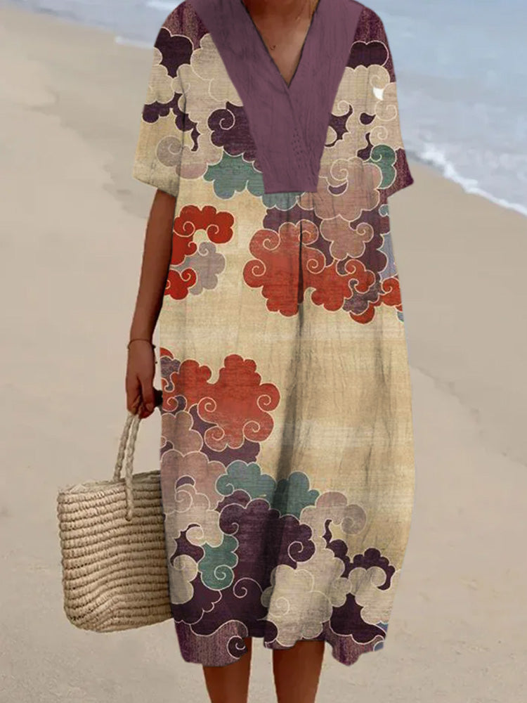 Vintage Colorful Cloud Pattern Women's Linen Maxi Dress